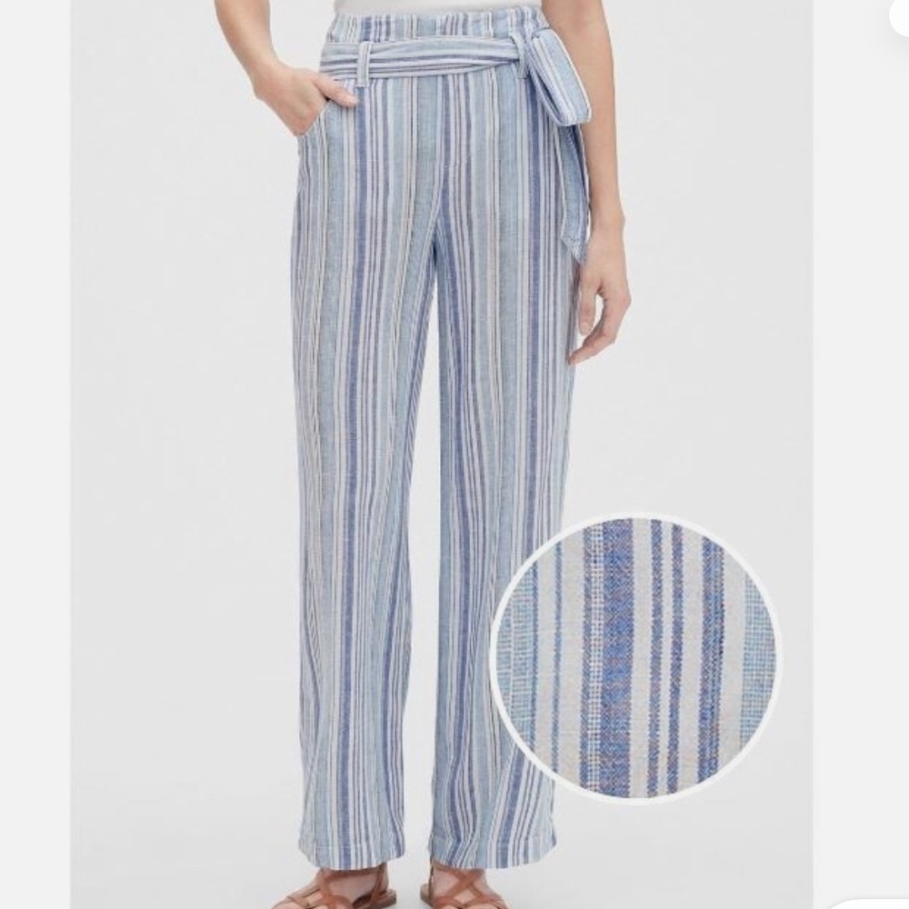 NWOT GAP LINEN wide leg belted Striped Blue Women's Pants size 4-6